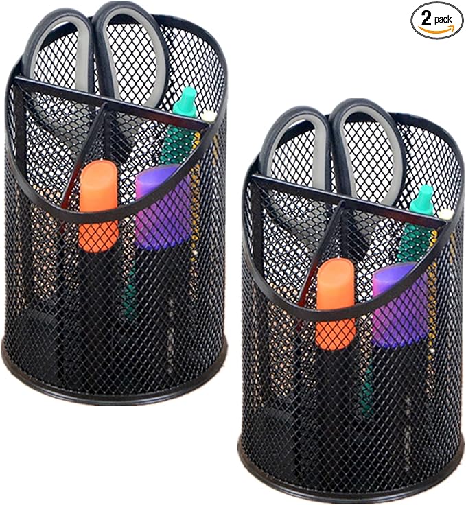 Harmon Wandyer 铅笔架桌面收纳盒,2 包 3 格金属笔筒圆形钢网桌办公用品适