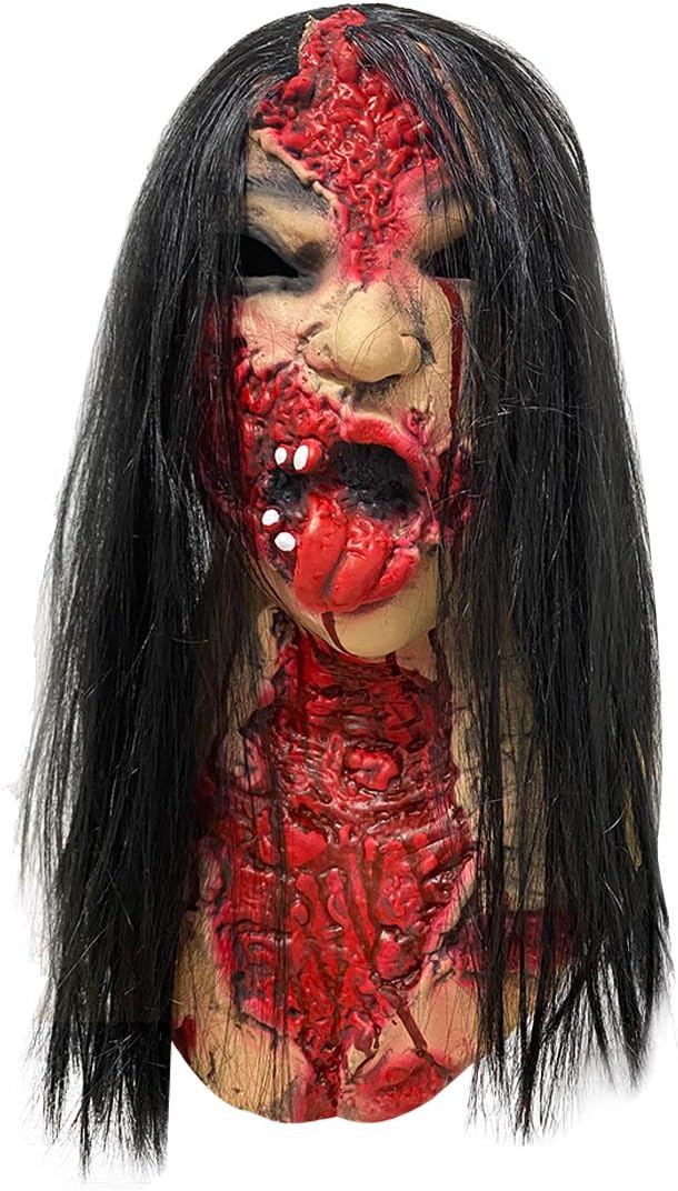 pigmiss 僵尸面具带假发令人毛骨悚然血腥逼真女性鬼脸面具恐怖万圣节