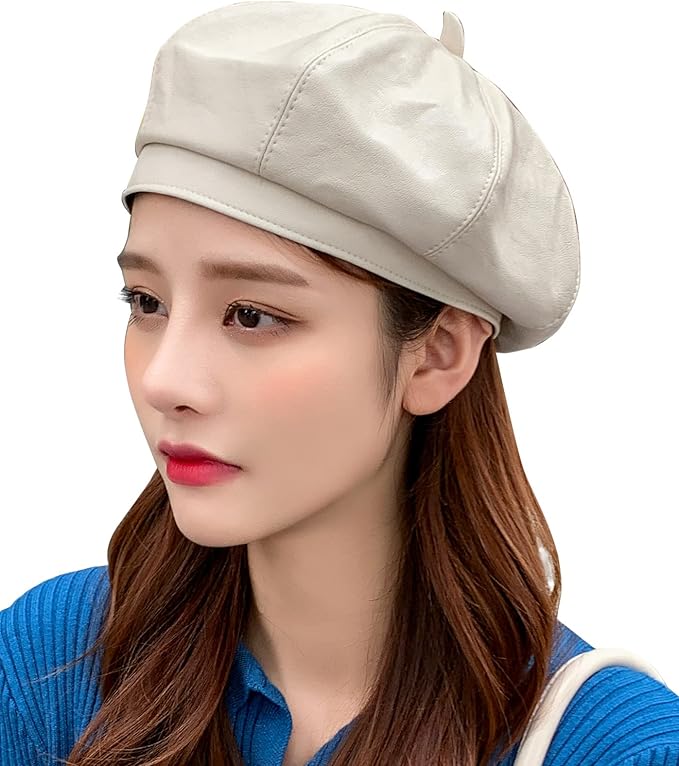 pu 皮革贝雷帽女士复古法国贝雷帽纯色贝雷帽经典报童无檐*帽