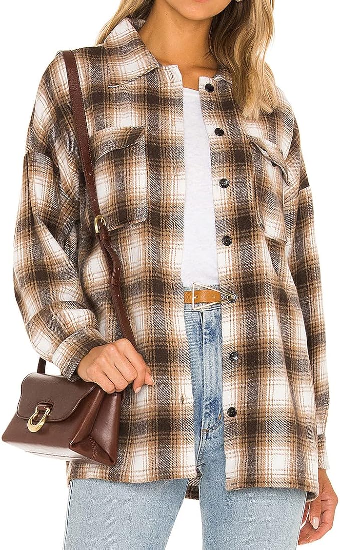 jlcncue 女式长袖领口袋衬衫外套超大纽扣法兰绒格子衬衫上衣 72063