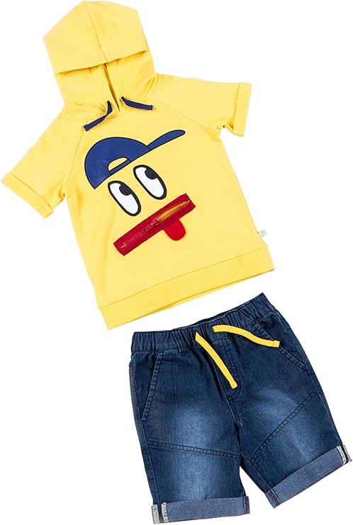 kinderkind 男孩拉链嘴连帽衫和牛仔短裤套装:尺码 2t-3t-4t-5t-6-7