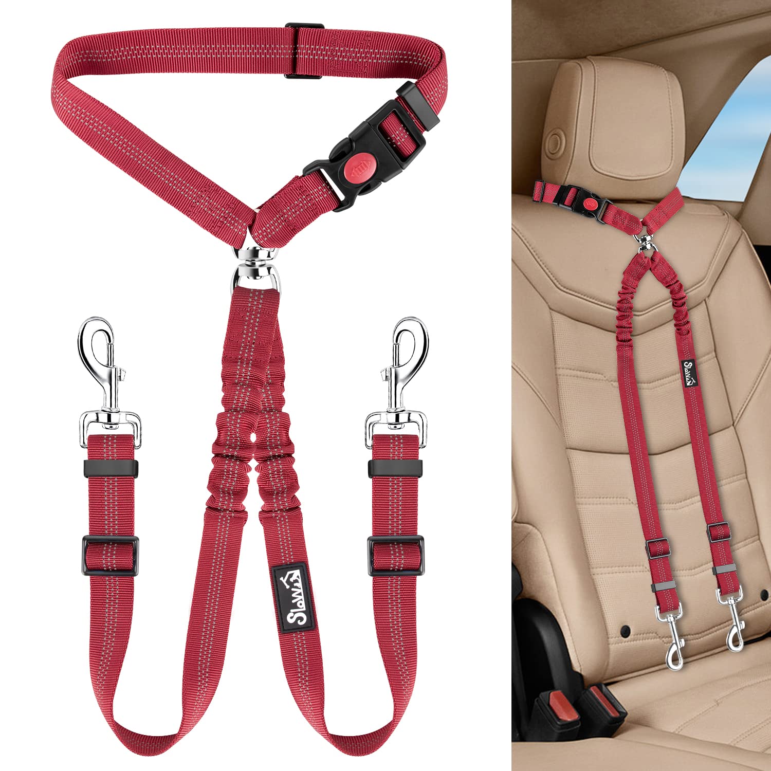 Lukovee Double Dog * Strap, new Double Pet car headrest Restraint ** Strap Untangled dog leather Strap Adjustable Elastic Elastic puppy leash Splitter Connecting harness 2 dogs (red)
