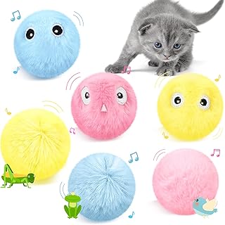 6 件蓬松毛绒猫球玩具互动式鸣叫球可爱逼真的动物鸣叫声球鸟青蛙板球