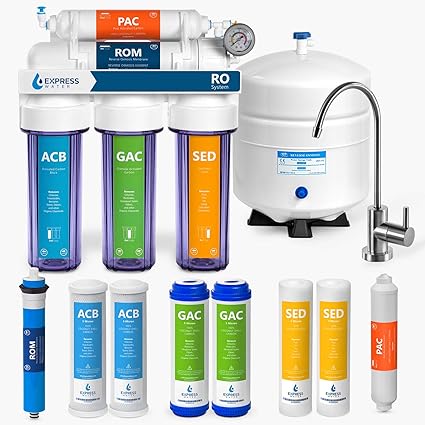 Express 水反向osmosis 滤水系统 5 级ro 滤水器 带水龙头和水槽 水槽净化器 加4 个免费更换过滤器 100 Gpd 带透明 外壳和压力计