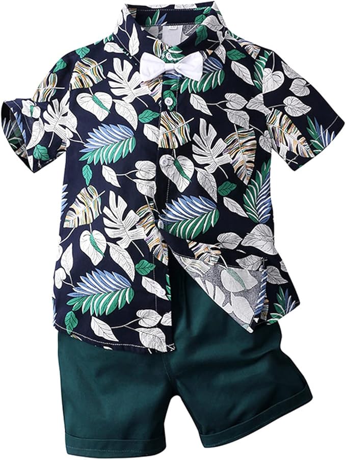 幼儿男婴夏季服装套装花卉衬衫蝴蝶结短裤夏威夷服装