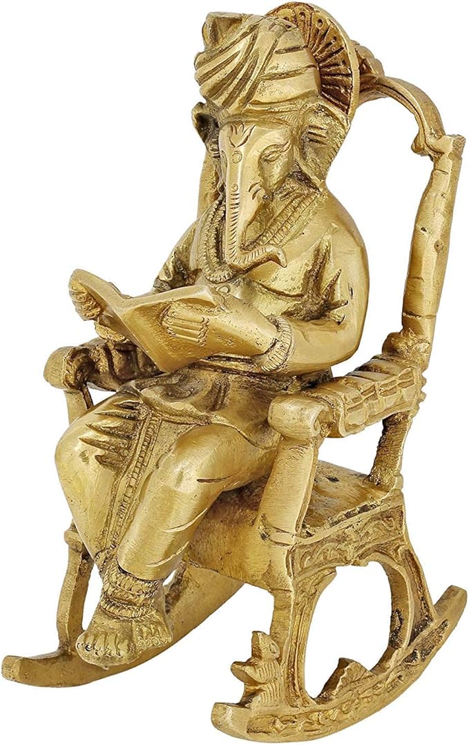 印度风格黄铜雕像 印度教艺术 ganesha god 坐在摇椅上,阅读 6 英寸