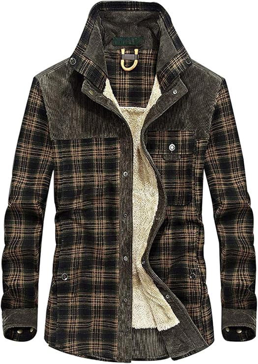 haellun 男式长袖夏尔巴衬里衬衫夹克法兰绒格子羊毛外套