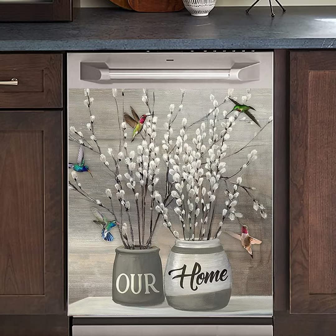 Still Life Flower Magnetic dishwasher front door cover vinyl panel decal, Flower and bird refrigerator magnet cover rustic white floral art home decor, 58.42cm wide x 66.04cm high magnetic