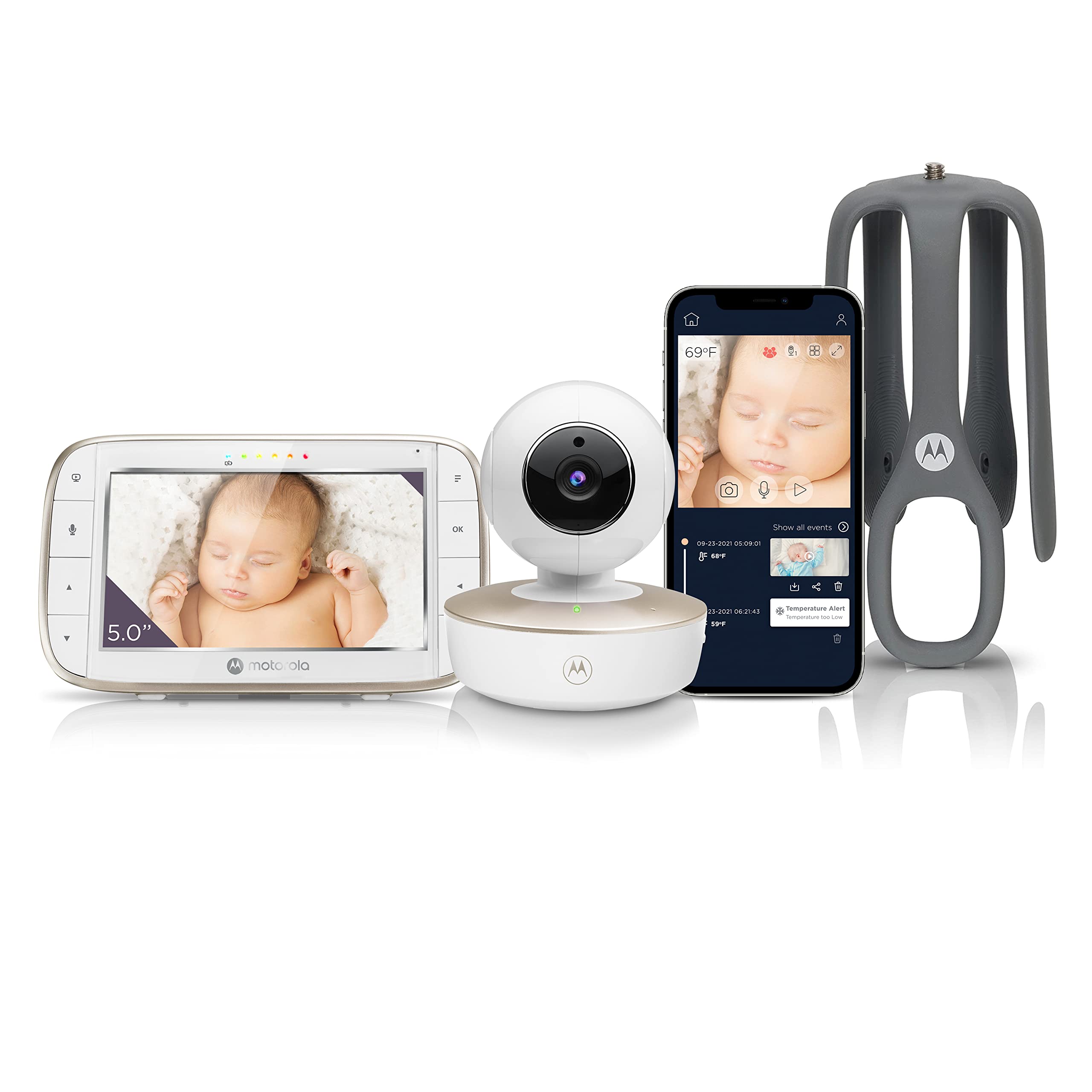 Motorola MBP855SCONNECT Video Baby Monitor with 5-inch handheld parent unit and Wi Fi Hubble connectivity application, suitable for smartphones and tablets