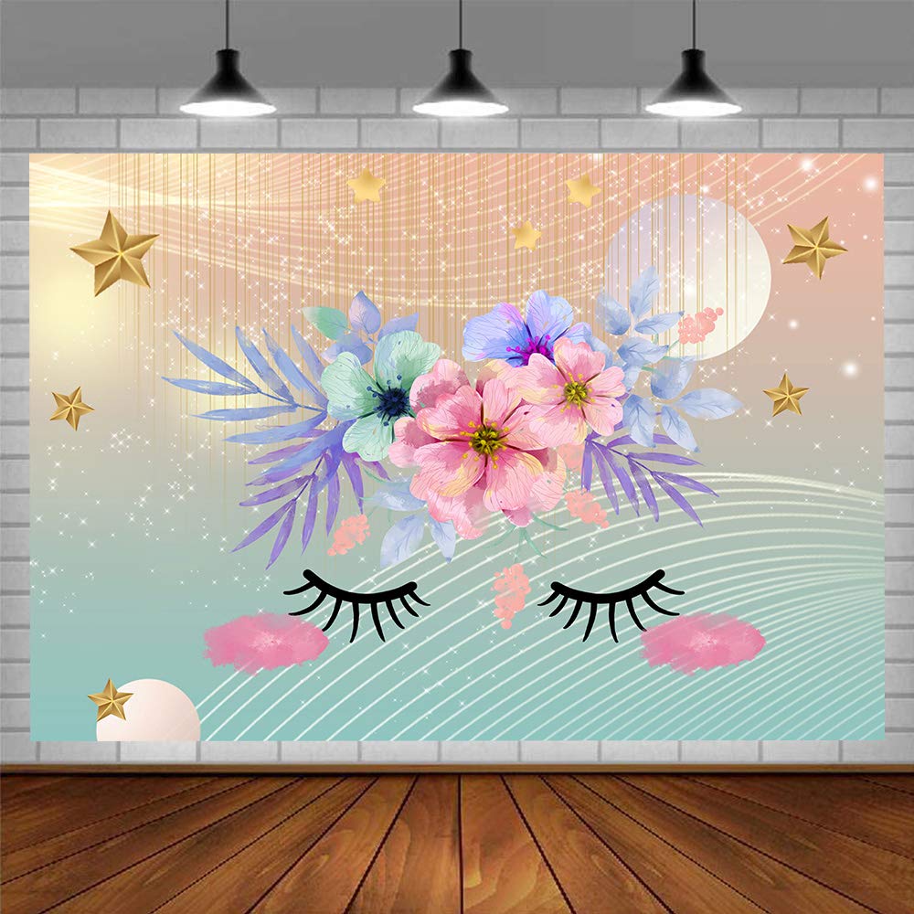 EMDSPR 7x5 feet Cute Eyelash Background Rainbow Watercolor Pink Floral Blush Sweet Girl Photography Background Gold Flash Sweet Pony Happy Birthday Kids Party Banner Photo Studio Prop vinyl BJRLPR15