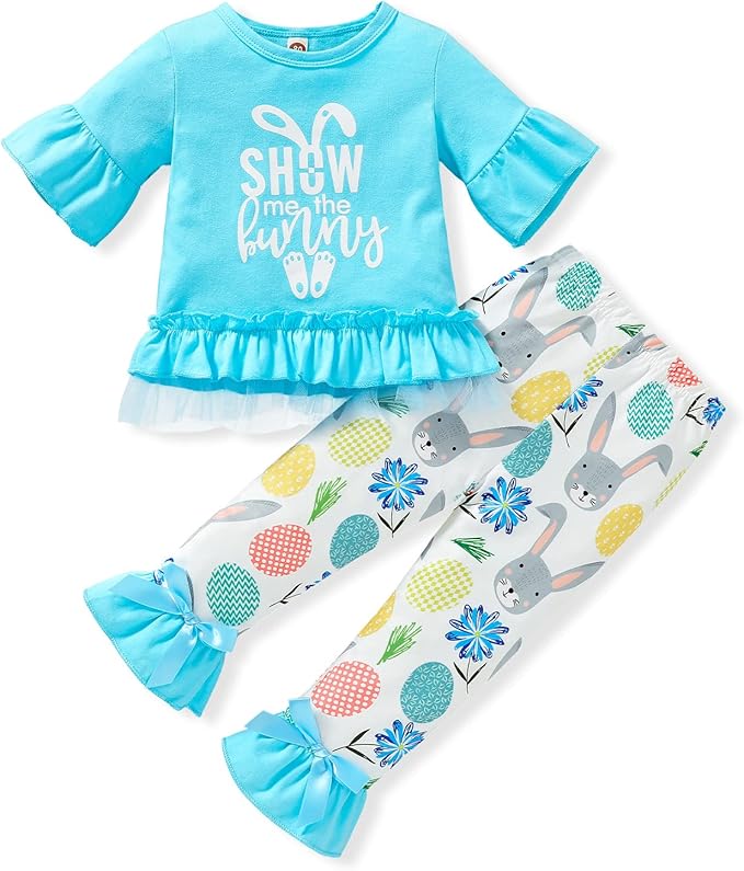 女婴复活节服装幼儿儿童兔子上衣 t 恤   兔子裤子裤子女孩衣服套装