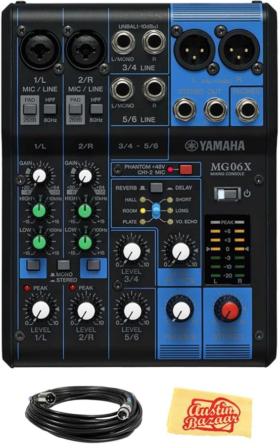 雅马哈 mg06x 6 通道混音控制台,内置 fx 套装,xlr 电缆和抛光布
