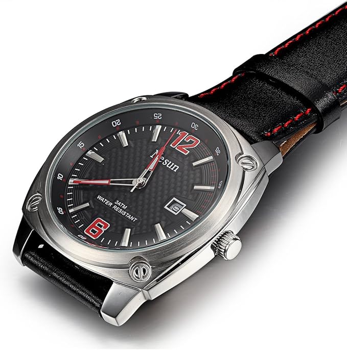 nesun/尼尚石英男表/小牛皮表带/强化矿石镜面/单历日历数字条钉表盘