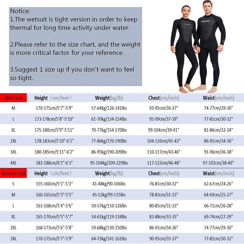 Wetsuit 女式男士全身湿衣3mm 氯丁橡胶冲浪潜水服 一件式长袖潜水服背部拉链保暖泳衣 适合游泳浮潜皮划艇冷水运动