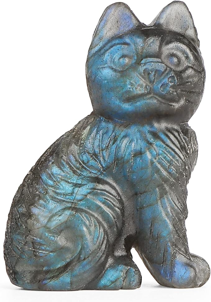 hxswkk 拉长石水晶猫雕像宝石手工雕刻动物*小猫雕像工艺品 5.