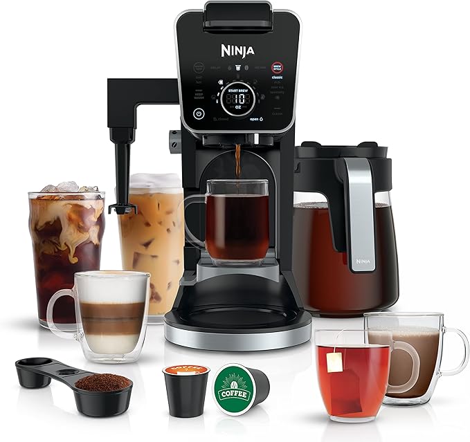 Ninja CFP301 DualBrew Pro System 12-Cup Coffee Maker, Single Serve Ground Coffee & K-Cup Pod Compatible, 4 Brew Styles, Milk Frother, 60oz Water Tank with Separate Hot Water Dispenser & Jug, Black