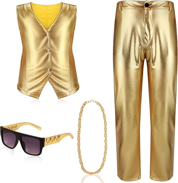 4 件男式锤子金色服装裤子背心带绳链项链和金属太阳