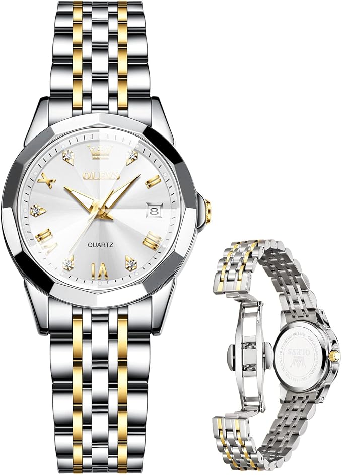 olevs 女士手表模拟石英手表,钻石表盘玫瑰金手表不锈钢表带,时尚