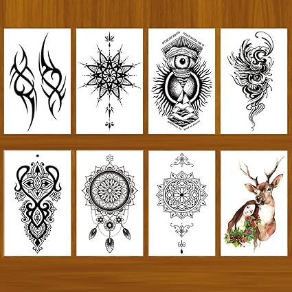 8 件 短款男士时尚月亮临时纹身圆形图腾趣味太阳波魔术纹身女士三角森林纹身贴纸 化妆 亚马逊中国