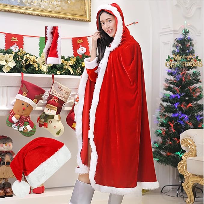 圣诞斗篷红色连帽斗篷袍圣诞老人斗篷万圣节角色扮演圣诞服装天鹅绒连
