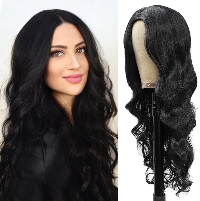 长黑色body wave 假发,黑色卷发假发为女性合成耐热纤维假发,适合日常