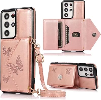 兼容 galaxy s21ultra 5g 钱包保护套,钱包式保护套带斜挎带支架磁性