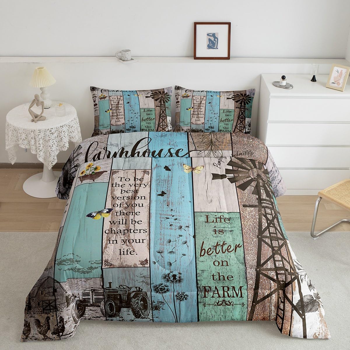 Country Windmill quilt set Queen double bed, Vintage Farmhouse style bedding set Western wood Vintage barn down comforter inserted Butterfly dandelion farm animal comforter, suitable for children teen