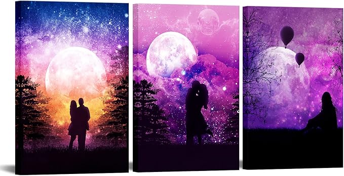ilooklike 3 件浪漫帆布墙艺情侣在星空背景画 闪闪发光的星星和月亮