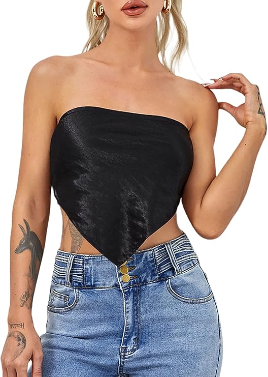 avanova 女士性感无肩带紧身胸衣,不对称下摆缎面露脐抹胸上衣