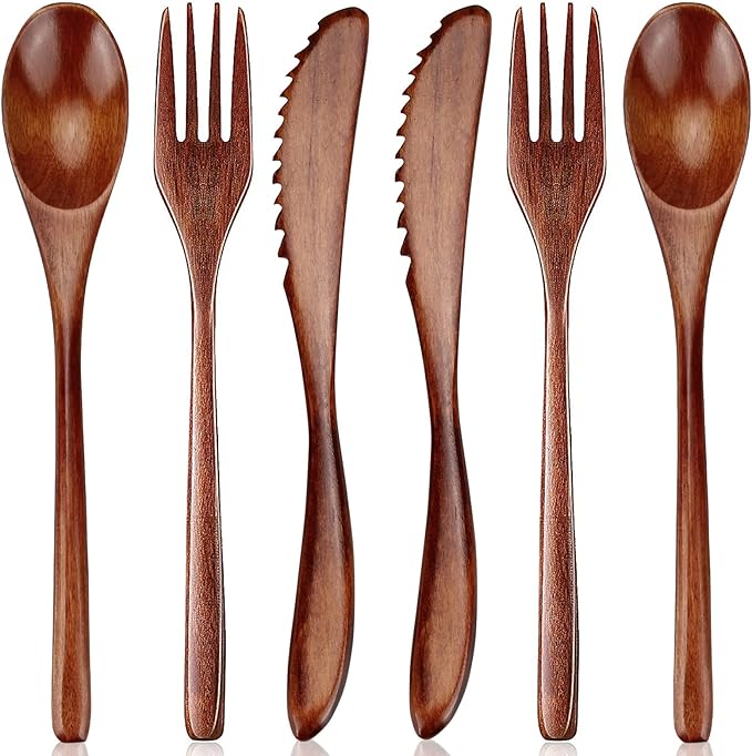 6 件装木制银器可重复使用木质餐具套装勺叉刀吃餐具叉勺子刀旅行木制