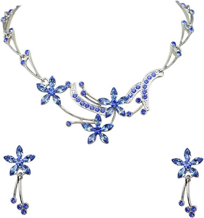 faship 华丽水钻水晶花卉项链耳环套装 蓝色 : 亚马逊中国: 珠宝首饰