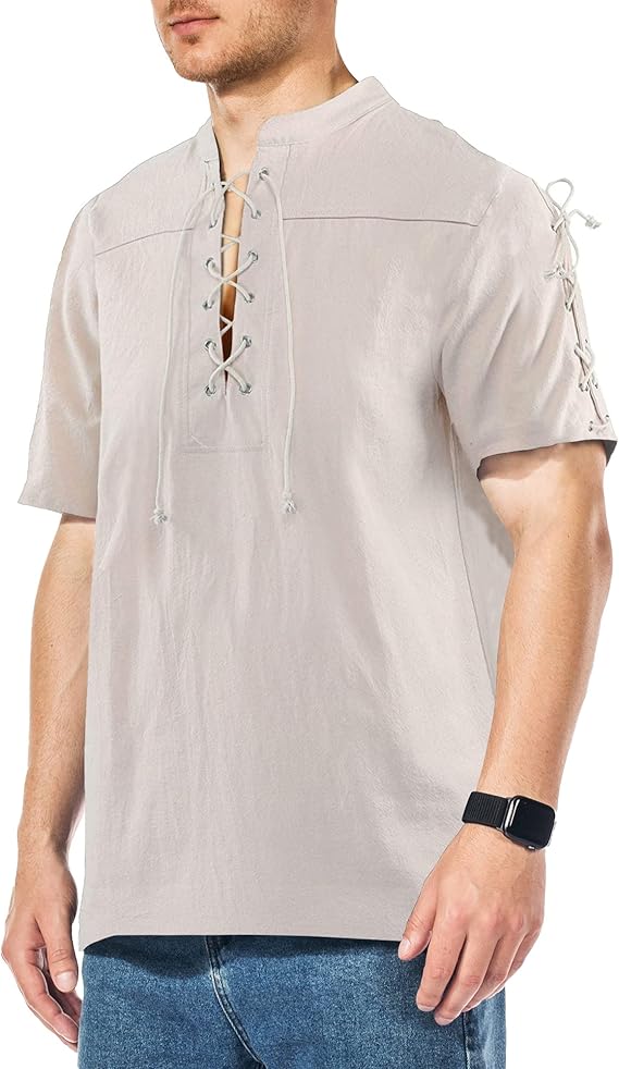 男式海盗衬衫系带维京文艺复兴时期中世纪亚麻嬉皮士 t 恤