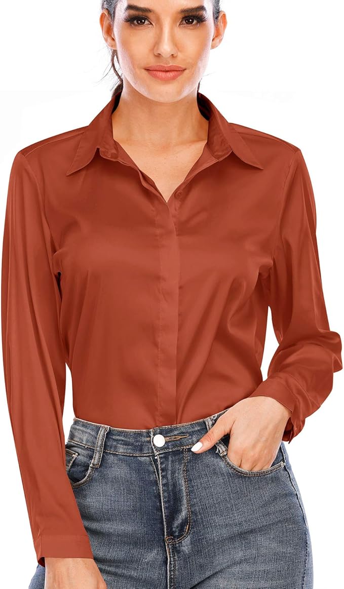 miqieer 女式丝绸衬衫长袖女士衬衫休闲办公室工作衬衫上衣