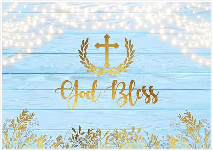 allenjoy 洗礼派对乡村蓝木背景上帝祝福金色叶子男孩*次圣餐婴儿洗礼