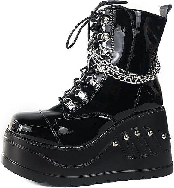 erocalli 厚底靴 哥特女式系带坡跟链及踝短靴铆钉短摩托车靴