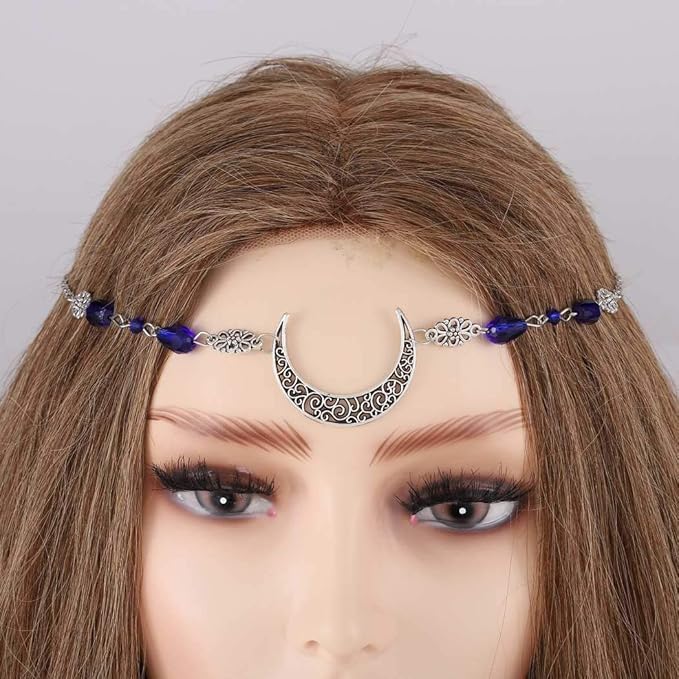 aularso 波西米亚风头链 银色额头链 新月头饰 水晶发饰 适合女士和