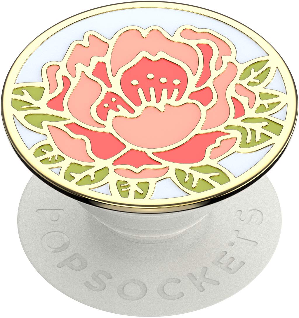 PopSockets 802351 PopGrip - 支架手柄 适用于智能手机和平板电脑的支架手柄 带可伸缩插座，PopTop可互换 - 盛开的牡丹粉红色珐琅