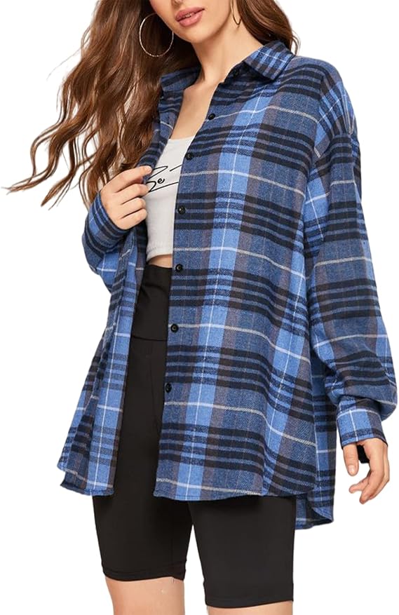 arssm 女式休闲法兰绒格子衬衫系扣衬衫衬衫上衣外套