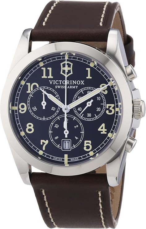 victorinox瑞士军男式经典步兵石英手表带灰色表盘显示和棕色皮革表带