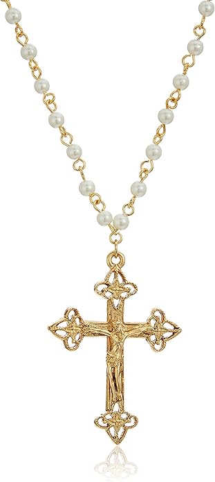 1928 珠宝14k 金浸渍模拟珍珠链宗教十字架吊坠项链