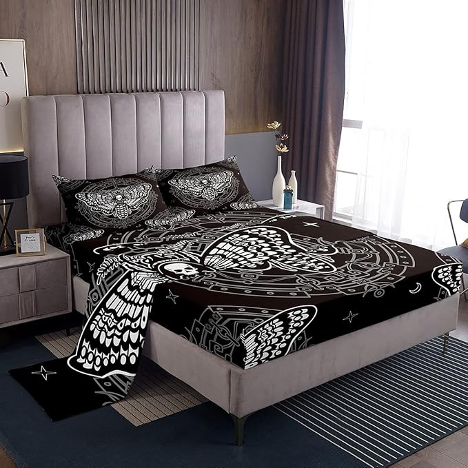 manfei 死亡蛾床单套装全尺寸波西米亚哥特式骷髅床上用品套装 4 件套