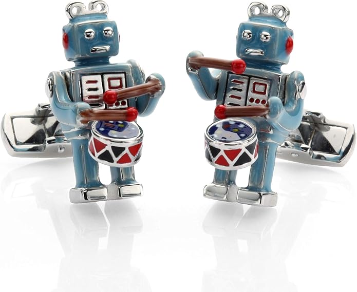 男士 925 纯银袖扣,可移动的手臂复古机器人鼓手玩具粉彩蓝色珐琅