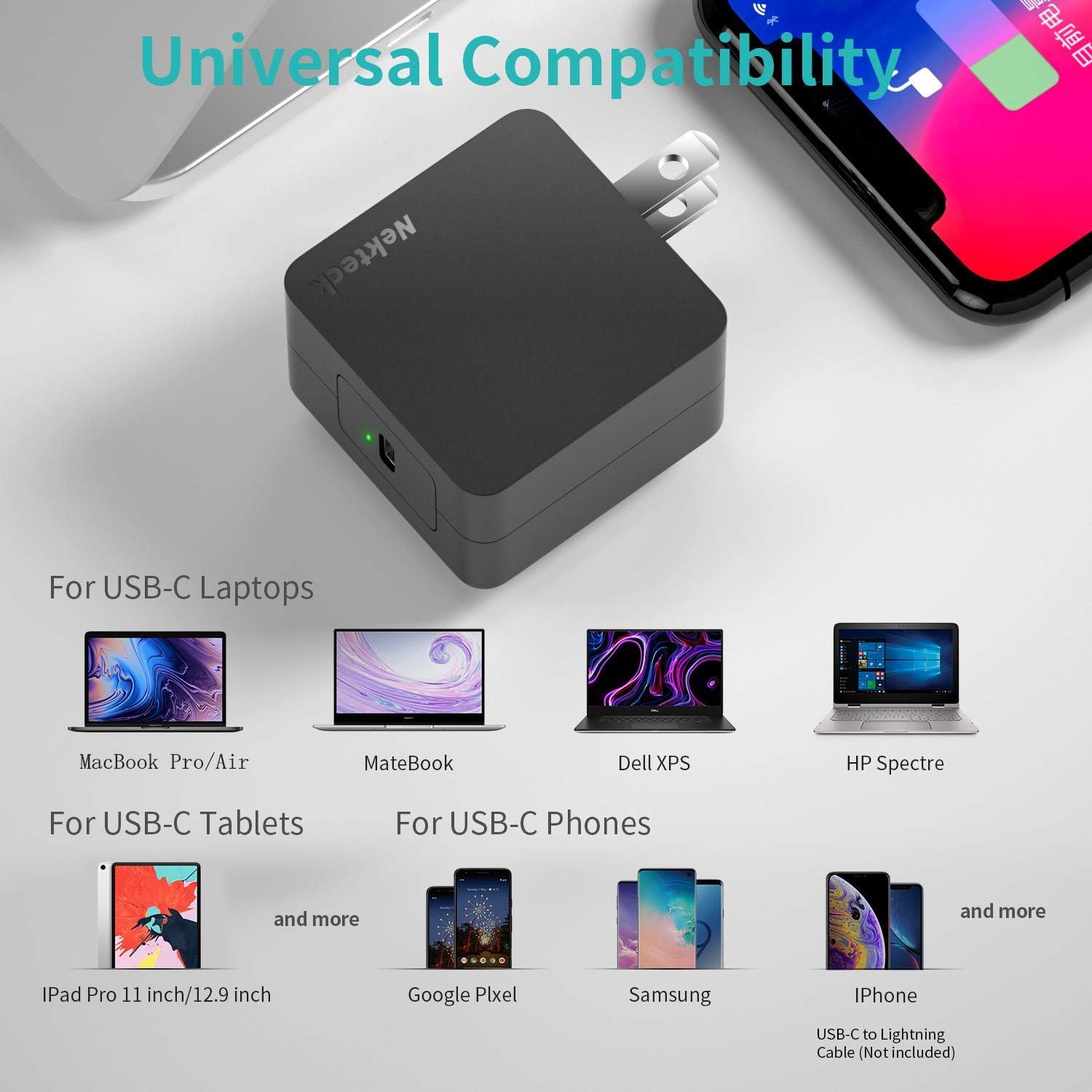 Nekteck Usb C 充电器 Gan Tech 60w C 型壁式充电器小巧带折叠插头 快速充电电源传输3 0 兼容macbook Air Samsung 三星note 10 Ipad Pro 11英寸 12 9英寸 亚马逊中国 手机通讯