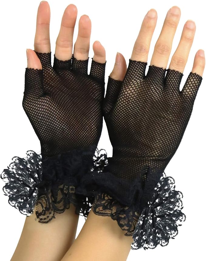 tobeinstyle 女式蕾丝荷叶边渔网无指手套