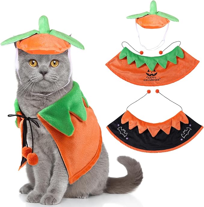 宠物万圣节斗篷和帽子套装,服装,可爱的双面南瓜黑色蝙蝠斗篷,适合