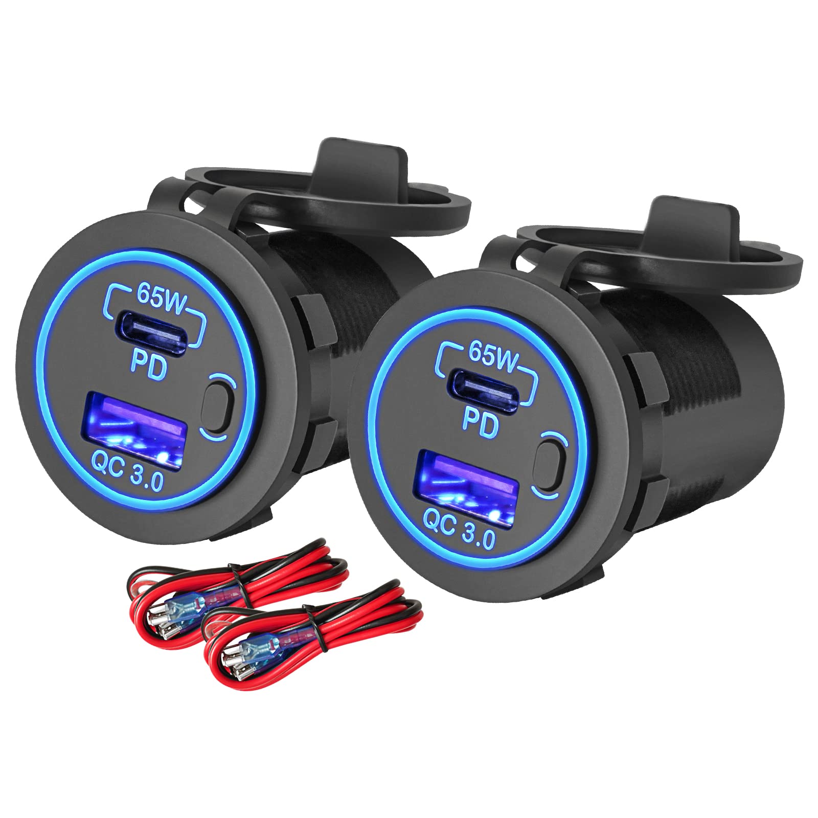 KMORET 2 pieces equipped with 12V USB socket laptop charger 65W USB-C PD3.0 and 18W QC3.0 car USB port with switch, suitable for car boats, ships, buses, trucks, golf carts, motorhomes, motorcycles, e