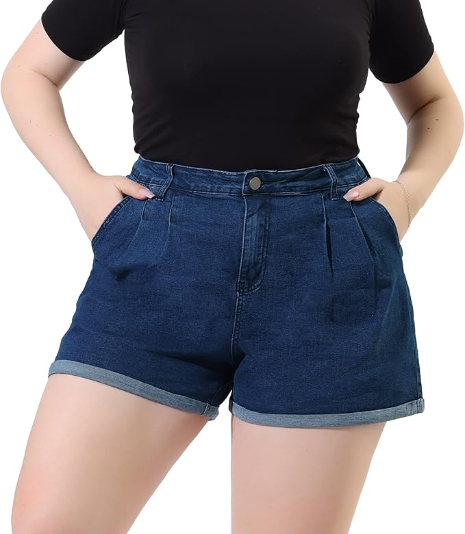 agnes orinda 加大码女士牛仔短裤拉链卷边弹力牛仔短裤
