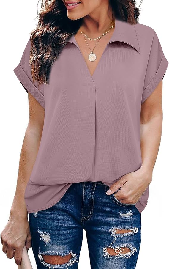 gaharu 女式夏季工作衬衫 v 领短袖翻领衬衫上衣