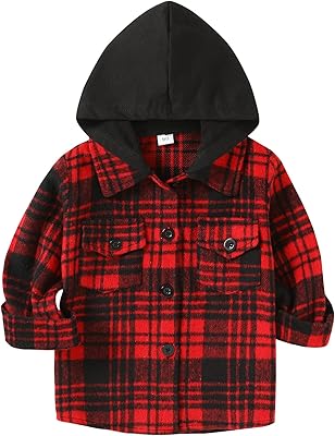 younger star 幼儿男孩女孩法兰绒连帽格子衬衫纽扣婴儿红色格子衬衫