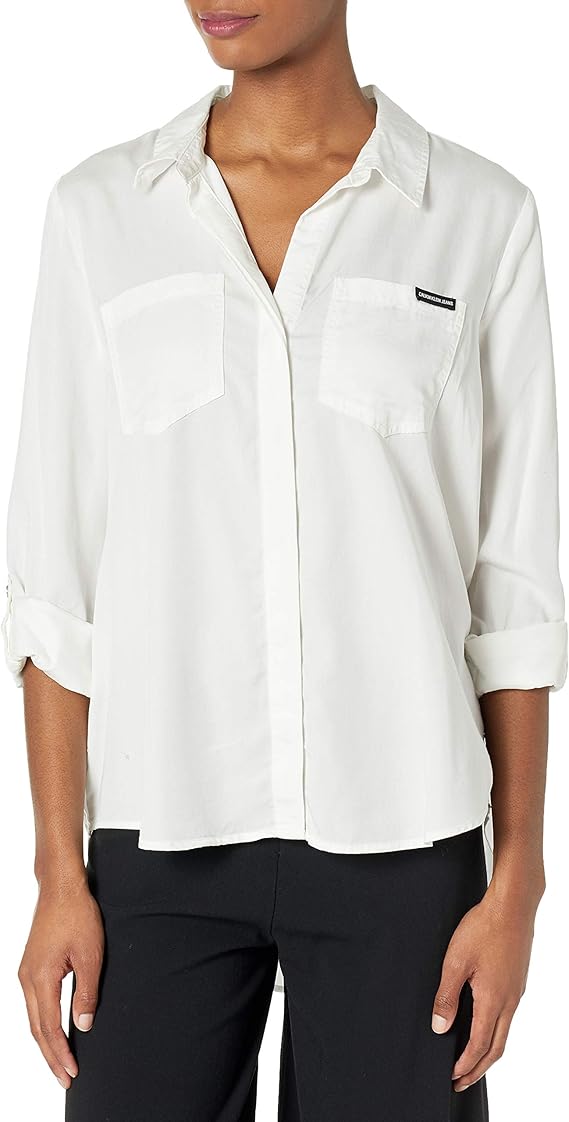 calvin klein 女式开叉下摆系扣衬衫,带卷袖.